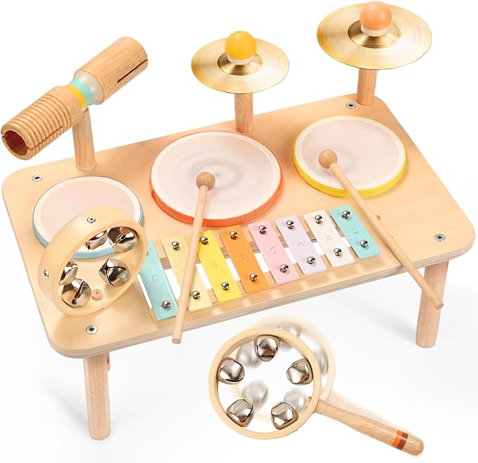 WINGYZ Drum Set for 1 Year Old Toddlers – 10 in 1 Wooden Baby Musical Toys for Kids with Drums, Xylophone, Cymbals, Bell & Tone Block, Montessori Music Instruments Gift for Ages 1-3 2-5