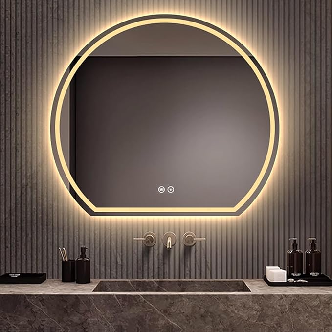 Bathroom Mirror with 3 Colour LED Lights, Wall Mounted Bathroom Vanity Mirror, Demister Heat Pad/Dimming Function/Touch Switch Smart Mirror(A,43.3"x38.9"/110x99cm)