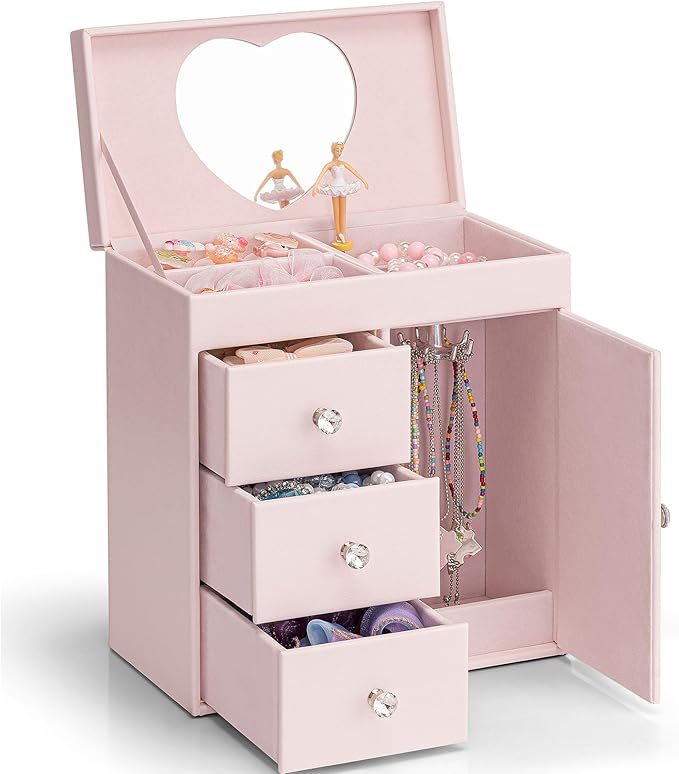 Vlando Musical Jewelry Box for Girls, Large Kid Music Box with Ballerina for Birthday Bedroom Decor, 4 Layer Girl Jewelry Gifts for Girls Kids - Light Pink