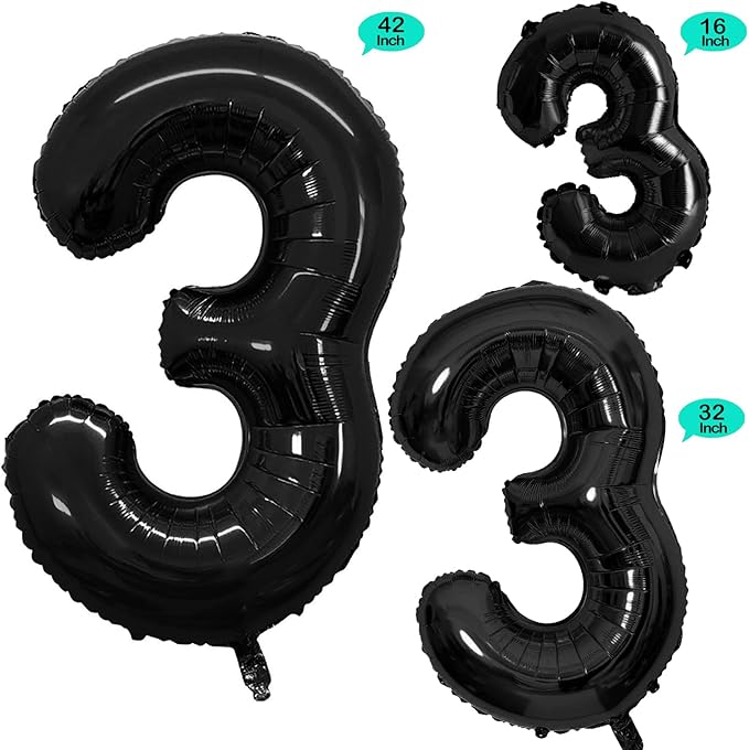 GOER Black Foil Balloons Number 3,Huge Number Balloons for 3rd Birthday Party Supplies Anniversary Decorations (3 pcs,42 inch,32 inch,16inch)
