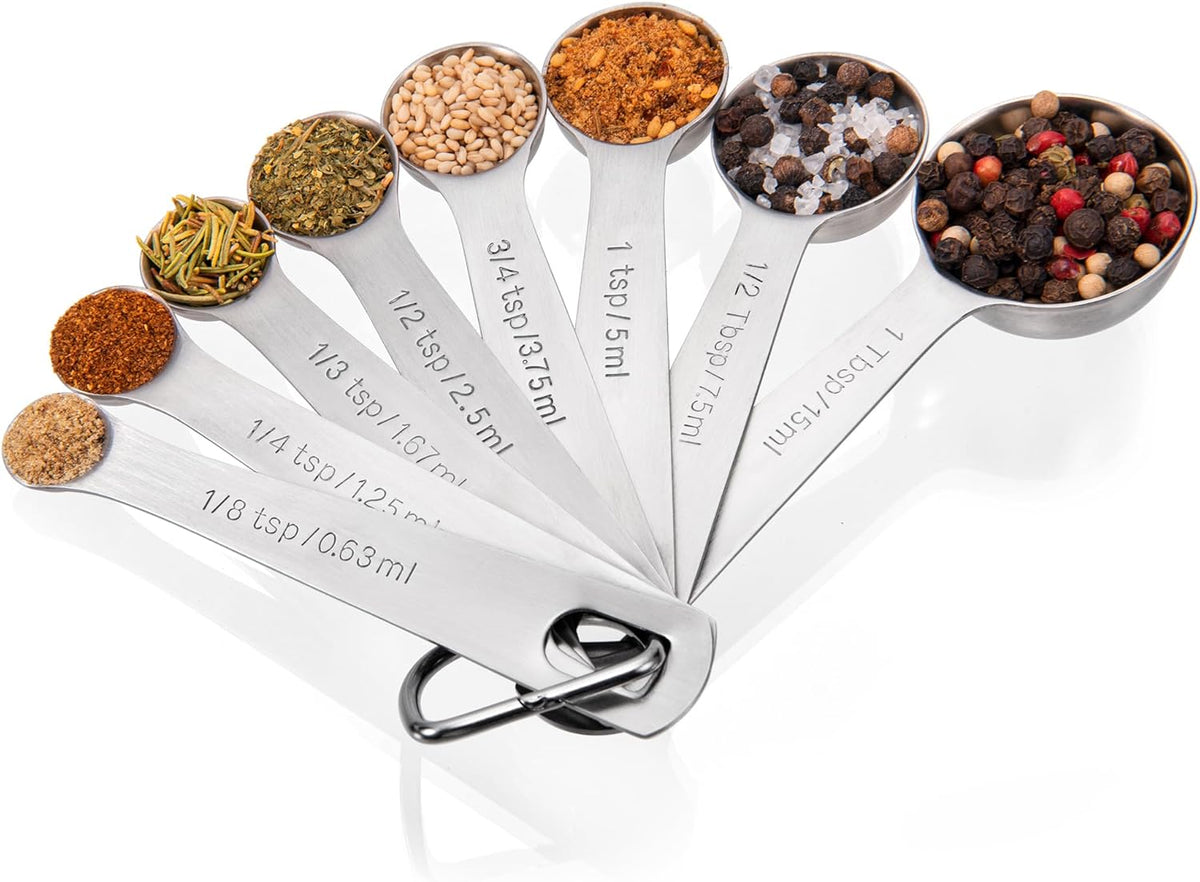 Doosu Measuring Spoons Set of 8-18/8 Stainless Steel Heavy Duty Teaspoons Tablespoons with Engraved Metric & US Measurements, Metal Measure Spoon for Dry and Liquid Ingredients, Dishwasher Safe