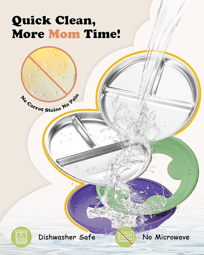 Stainless Steel Toddler Suction Plate with Lid, Deeper 9" Divided Plates with Removable Silicone Sleeves for Kids, Non Toxic & BPA Free | Unbreakable Baby Snack Dishes Set of 2, Green & Purple