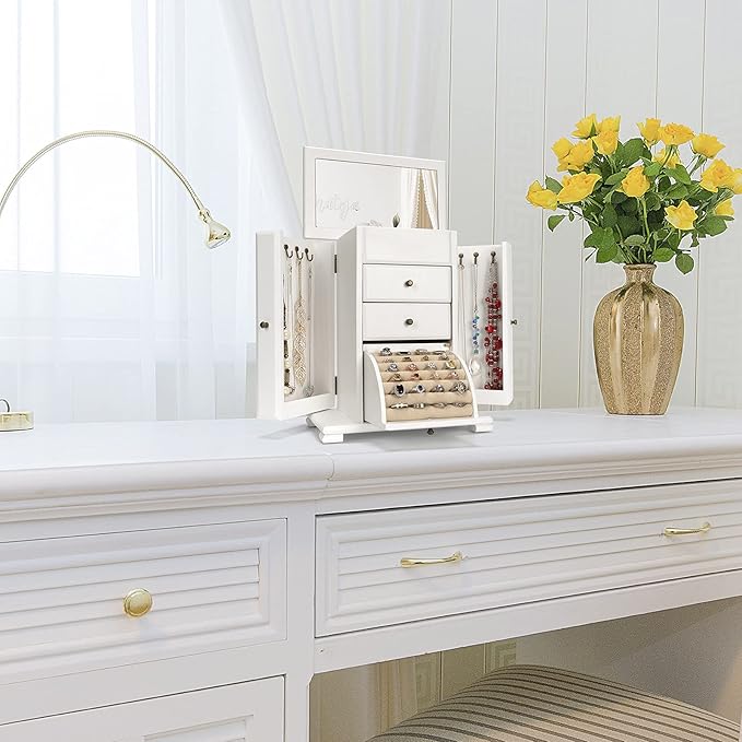 Jewelry Box for Women, Rustic Wooden Jewelry Boxes & Organizers with Mirror, 4 Layer Jewelry Organizer Box Display for Rings Earrings Necklaces Bracelets (Weathered White)