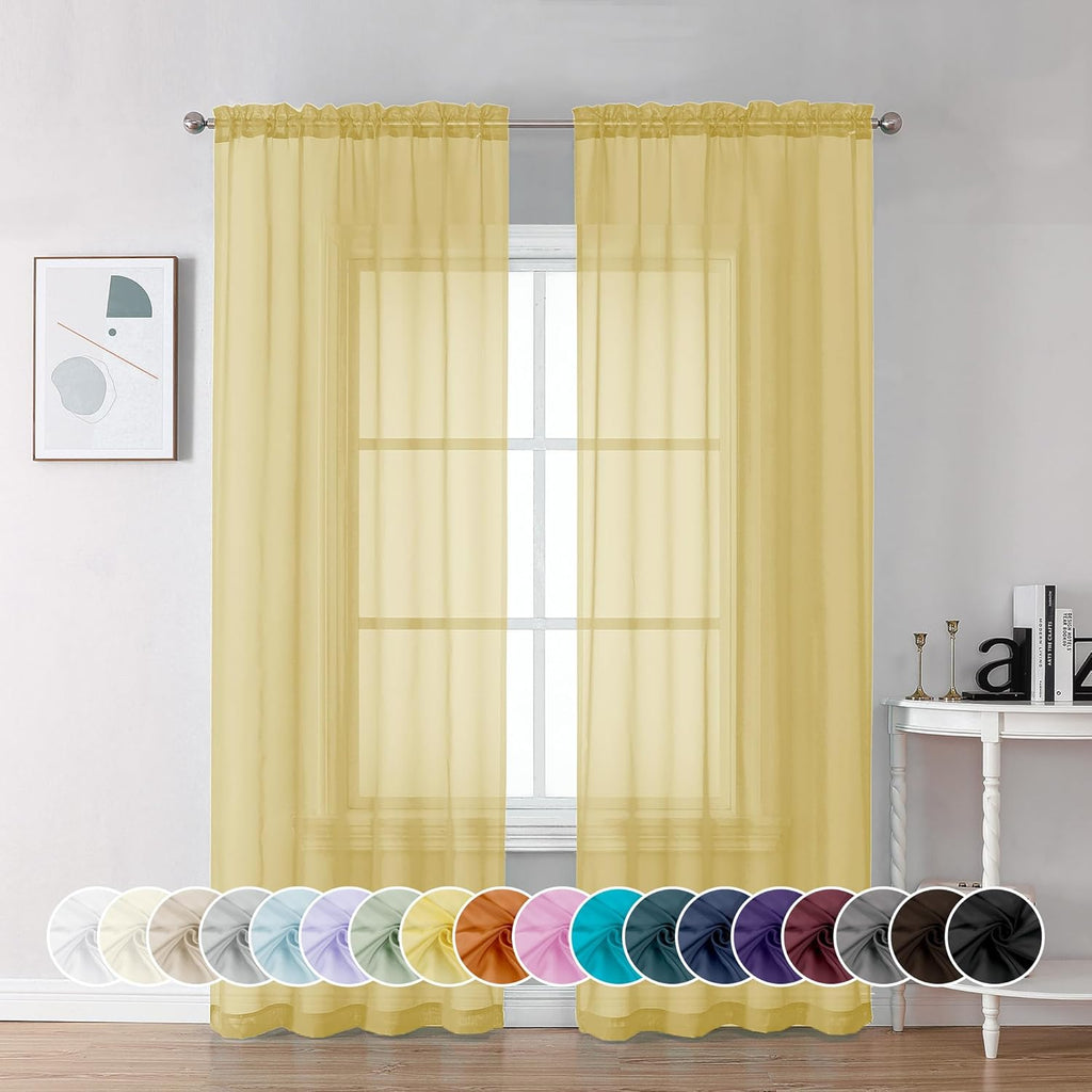 Chyhomenyc Mustard Yellow Sheer Curtains 84 Inch Length 2 Panels, Light Filtering Soft Airy Voile Rod Pocket Sheer Window Drapes for Bedroom Living Room, Each 42Wx84L Inches