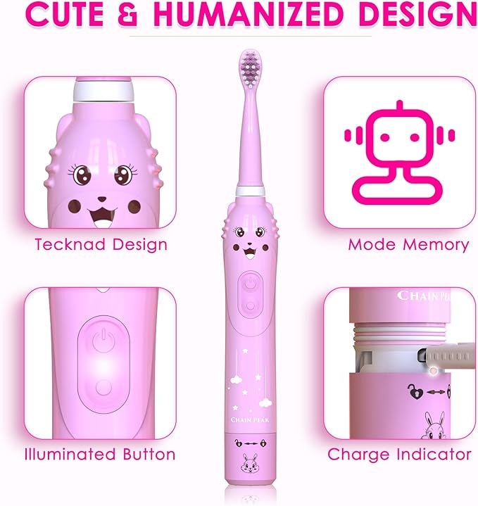 Kids Sonic Electric Toothbrush, Rechargeable Smart Toothbrush for Children, Toothbrush for Toddlers Boys Girls Age 3-12 with 30s Reminder, 2 Mins Timer, 6 Modes, 6 Brush Heads