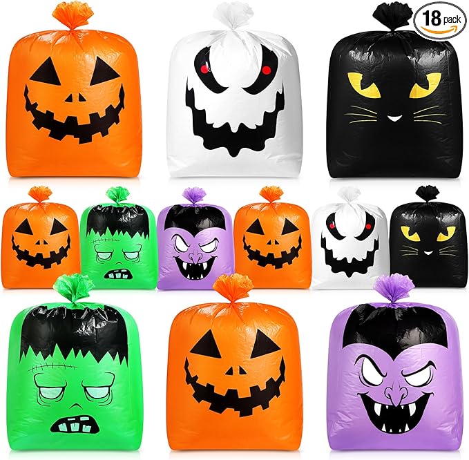 Qilery 18 Pcs Halloween Leaf Lawn Bags Plastic Pumpkin Trash Bags for Leaves with Twist Ties for Halloween Yard Garden Outdoor Party Favors Decorations