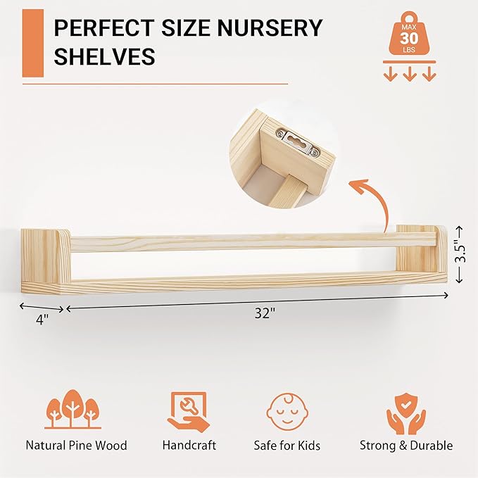 Heimlove 32 Inch Nursery Floating Shelves, Wood Nursery Book Shelves for Wall, Wall Bookshelf for Kids Solid Wood Wall Mounted Shelves for Books,Toys and Decor Storage, Set of 2