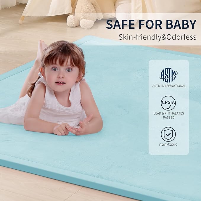 ACOMOPACK Baby Play Mat for Floor 1.3" Thick Memory Foam Play Mat 39"×59" Tummy Time Crawling with Non-Slip Bottom for Living Room,Nursery,Soft Velvet Playpen Mats for Kids,Infants（Light Blue）