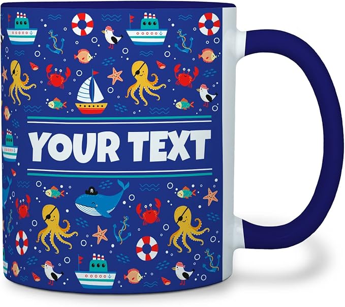 Personalized Mug for Kids - Nautical - Custom Name/Text, Ceramic Hot Chocolate/Cocoa/Coffee Cup for Boys/Girls, Birthday/Christmas/Holiday Gift - 11 oz, Navy Blue Handle