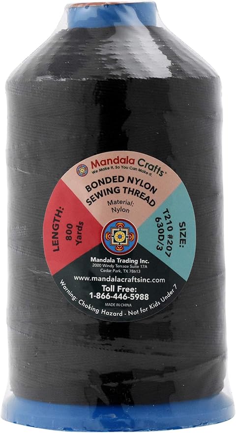 Mandala Crafts Bonded Nylon Thread Black Heavy Duty Sewing Threads - 800 YDs Size 207 630D T210 Tex 210 Thread for Leather Jeans Weaving Outdoor Marine Upholstery Threads