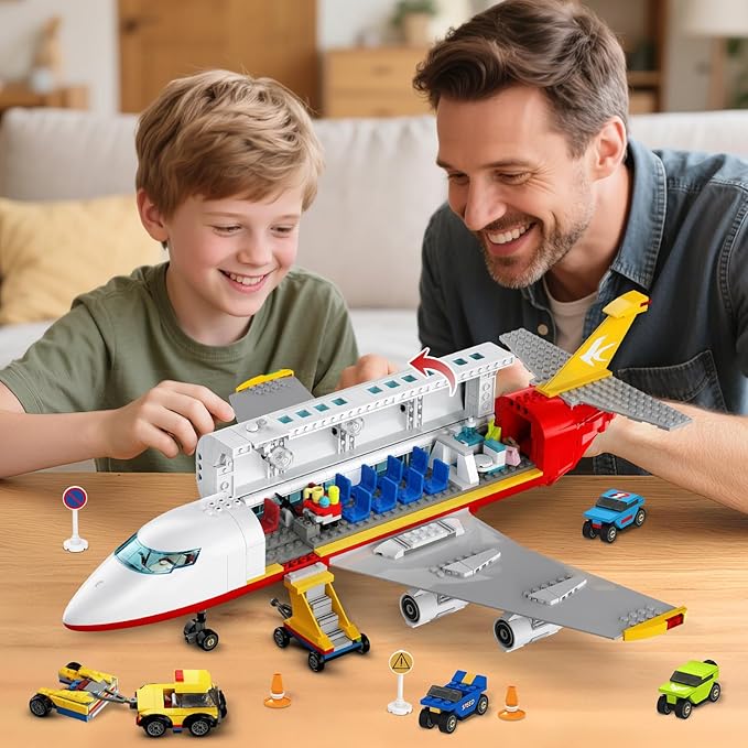HOGOKIDS 2 Style City Airplane Building Set with LED Light - Large Plane Building Blocks Switch Passenger & Cargo Projectile Toy with 3 Cars, Planes Model Toys Gifts for Adults Boys Girls Age 6-12+