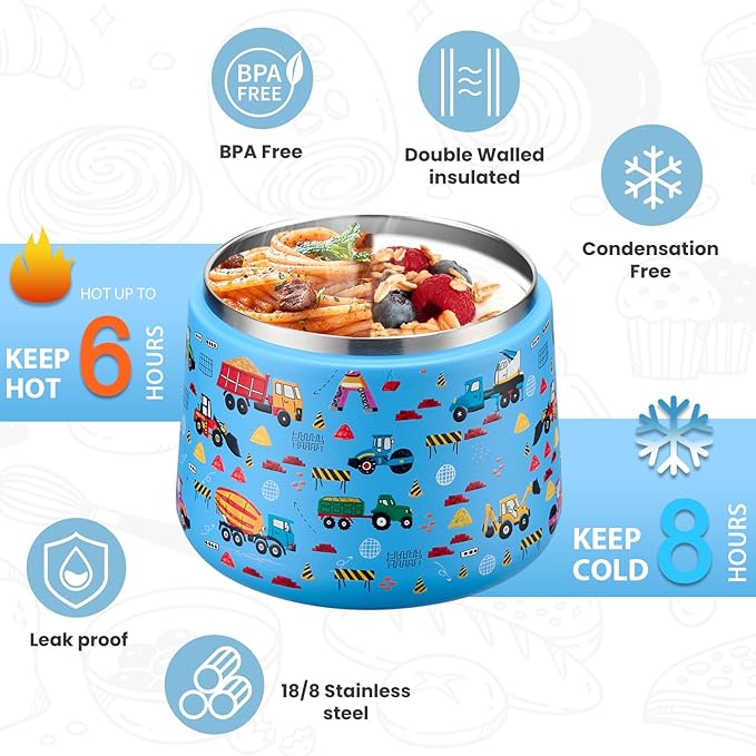 Soup Thermo for Hot Food Kids 14oz Lunch Containers with Buckle Lid Wide Mouth Hot Food Jar Vacuum Insulated Stainless Steel Bento Box Leakproof with Spoon (Truck)