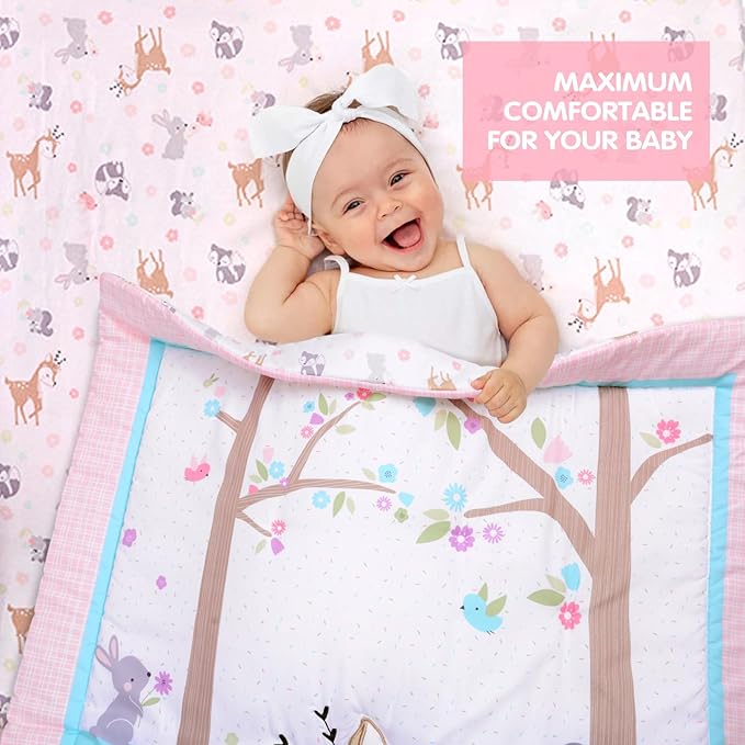 UOMNY Crib Bedding Set for Girls 3 Piece Woodland Baby Girl Crib Bedding Set Include Fitted Crib Sheet Comforter Crib Skirt
