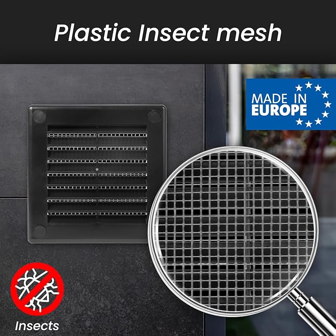 Repa Market 4 x 4 Inch (Outer) Black Square Air Vent Cover - Plastic Fresh Air Intake Vent - AC Cover with Nylon Mesh Screen, Wall, Ceiling HVAC Return Air Register, Modern Soffit Vents