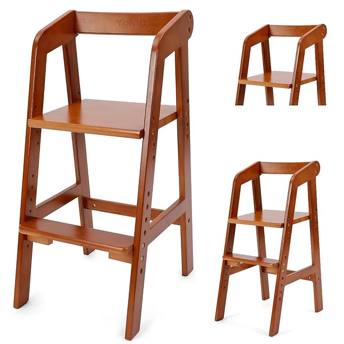Yoleo Wooden High Chair for Toddlers to Teens, Adjustable Dining Feeding Chair with Steps Grows with Child, Max 60kg (Nut-Brown)