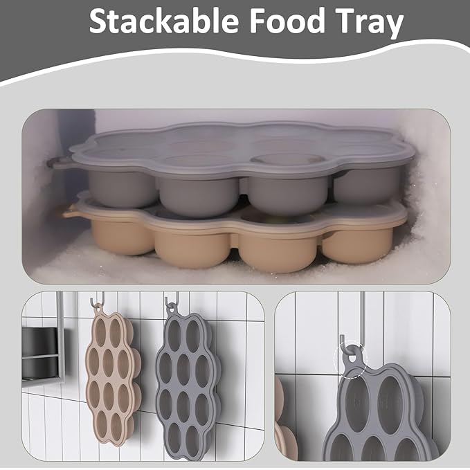 Silicone Baby Food Freezer Tray 2Pack Perfect Food Storage Containers for Homemade Baby Food, Fruit Purees, Breastmilk, Vegetable (Grey + Tan)
