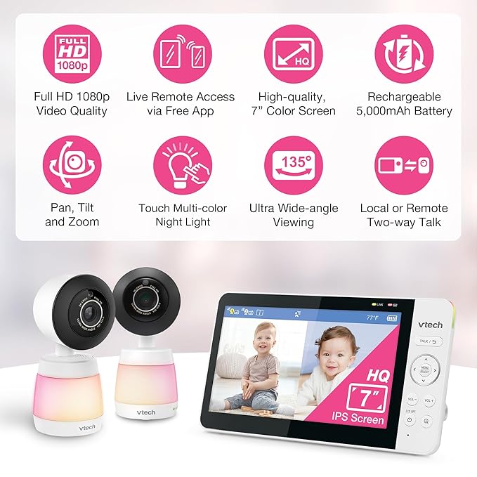 VTech 2-Cameras Smart WiFi Baby Monitor with 1080p FHD Video, Free App with Motion Video, Sound/Motion Detection and Notifications, 7" IPS Display with Split-Screen, Pan-Tilt-Zoom: Smart HQ Max Twin