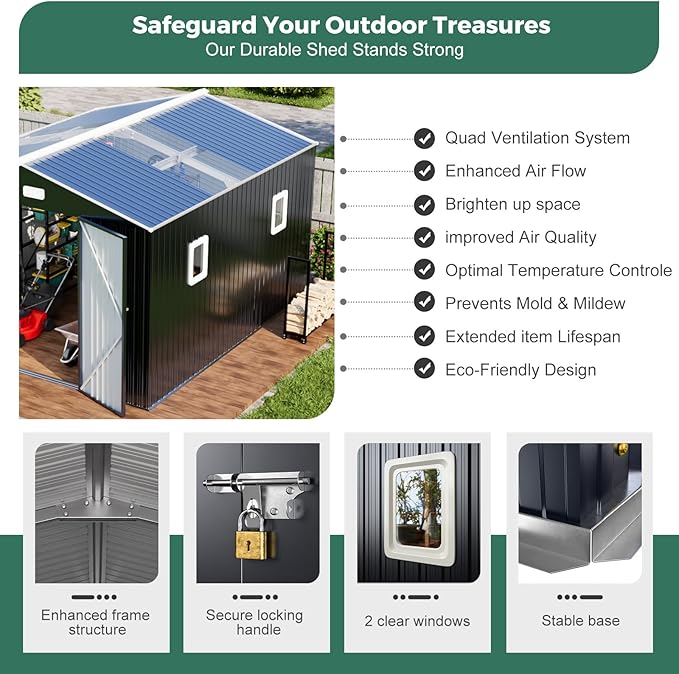 Metal Shed 10x10 Sheds Outdoor Storage, Natural Lighting Tool Sheds with Translucent Roof Panels, Windows, and Lockable Doors, Ideal for Garden, Backyard, and Patio