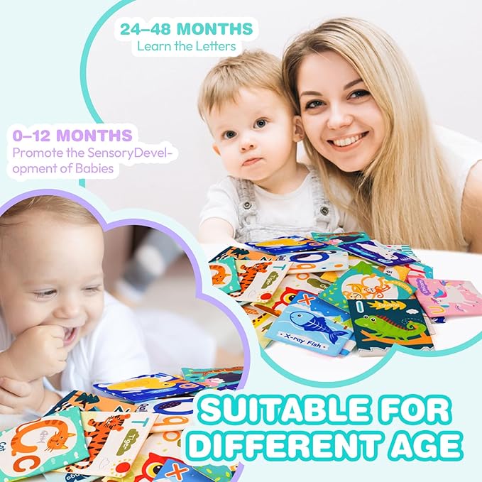 Jollybaby Reusable Soft Cloth ABC Alphabet/Letters Animal Flash Cards for Baby 0-3-6-9-12-18 Month, Curious Baby First Words Learning Activity Flashcards, Tummy Time Toy Gift for 1 Year Old Boy Girl