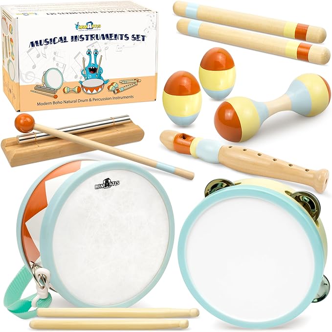 MINIARTIS Toddler Musical Instruments - Montessori Wooden Musical Toys for Toddlers 1-3 | Modern Boho Baby Drum Set with Neutral Colors Percussion Instruments | Kids Preschool Educational 3+