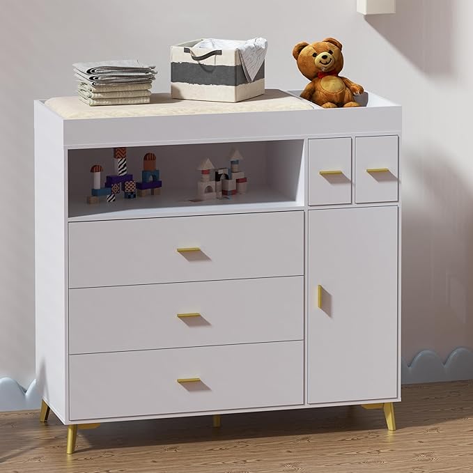 PAKASEPT Changing Table with Drawers, Changing Table Dresser with 5 Drawer & Cabinet