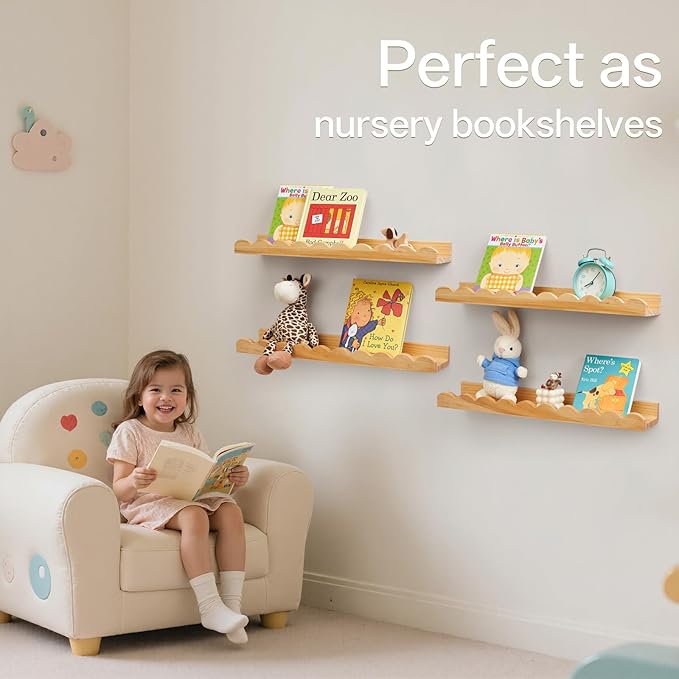 Nursery Book Shelves, Scalloped Floating Shelves Set of 2 Solid Pine Wood Wall Mounted Bookshelf with Wave Lip for Bedroom Kids, Toddler Room, Baby Room 24inch Natural