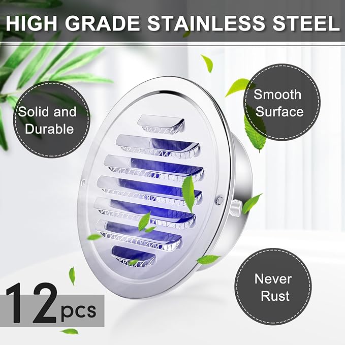 Zonon 12 Pcs Stainless Steel Soffit Vents 4 Inch Round Dryer Vent Cover with Mesh Screen for Home Outdoor Bathroom Wall Ceiling Outside Exterior Exhaust (Silver)