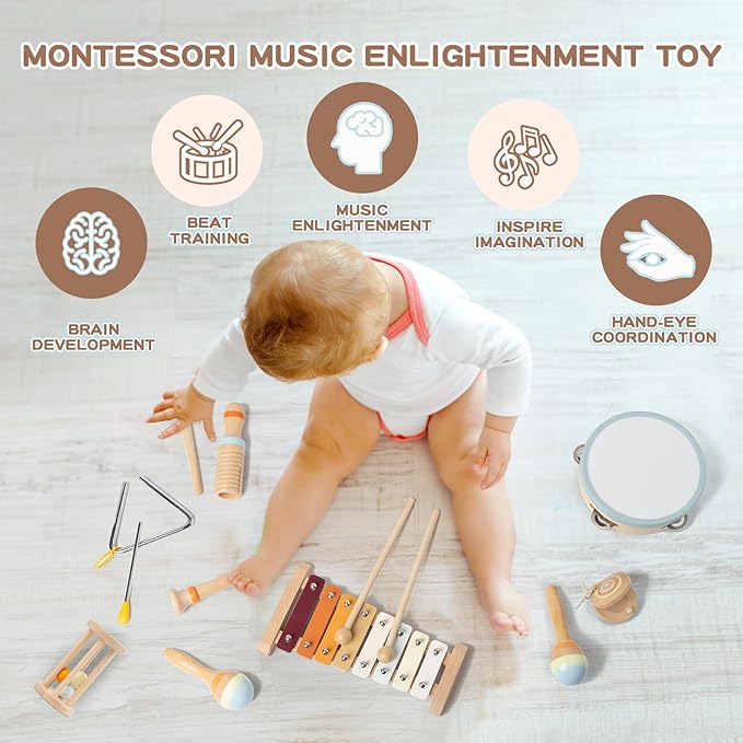 Baby Musical Instruments, Montessori Wooden Toys for Toddlers 1-3, Neutral Colors Percussion Instruments, Modern Boho Xylophone for Kids, Preschool Educational Baby Musical Toys