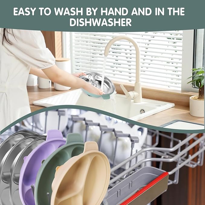 Stainless Steel Toddler Plates with Suction | Non-Slip Divided Baby Plates BPA Free & Non Toxic | Detachable Silicone Base| Dishwasher Safe | Unbreakable Kids Dinnerware 3-Pack