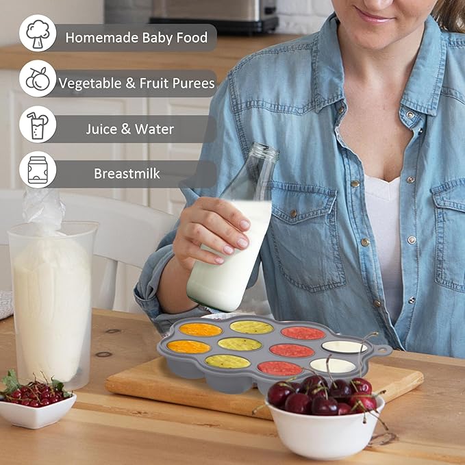 Silicone Baby Food Freezer Tray 2Pack Perfect Food Storage Containers for Homemade Baby Food, Fruit Purees, Breastmilk, Vegetable (Grey + Tan)