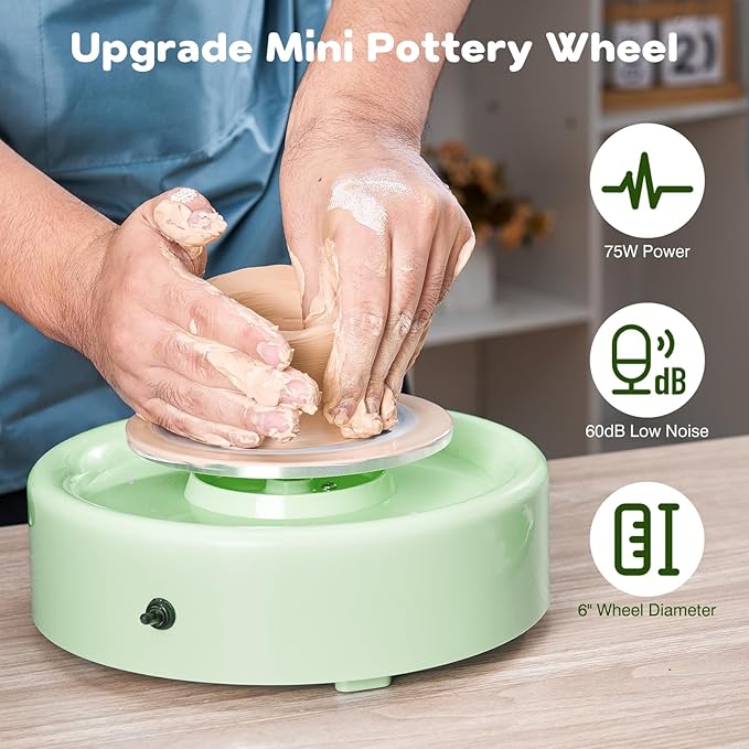 Alldeer Mini Pottery Wheel Machine - 6" Upgraded Clay Wheel for Beginners & Kids, 75W Motor, Adjustable Speed, Low Noise Ceramic Making Kit with 18PCS Sculpting Tools, Ideal for Home DIY (Green)
