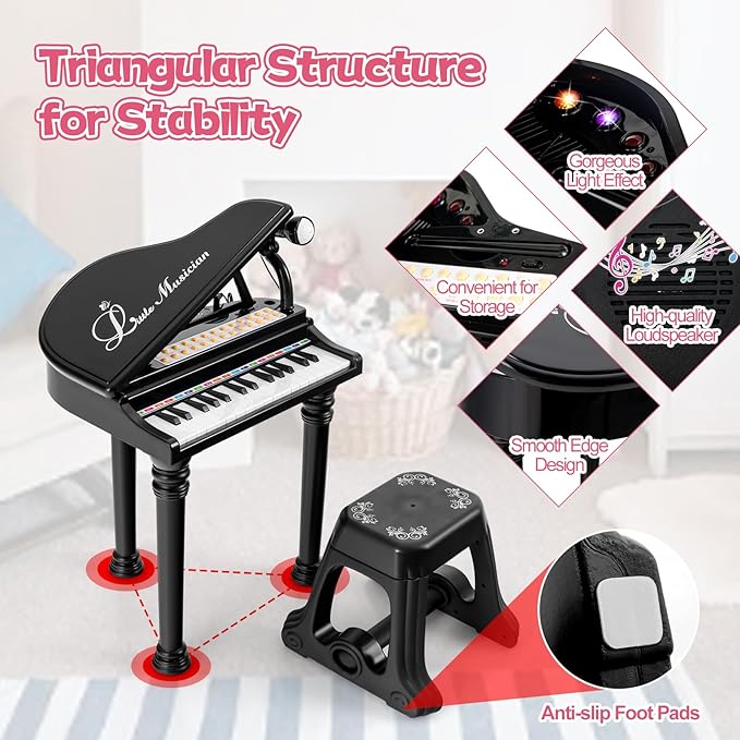 HONEY JOY Classical Kids Piano, 31-Key Toy Mini Grand Piano with Music Stand & Stool, Portable Electronic Piano Educational Musical Instrument Toy w/ Microphone, Lights, Gift for Kids (Black, 31 Keys)