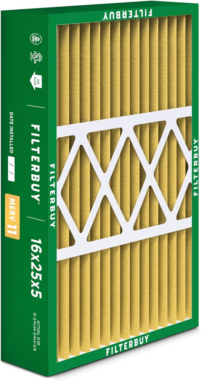 Filterbuy 16x25x5 Air Filter MERV 11 Superior Pet & Allergy Defense (4-Pack), Pleated HVAC AC Furnace Filters for Honeywell FC100A1029, Lennox X6670, and More (Actual Size: 15.75 x 24.75 x 4.38)