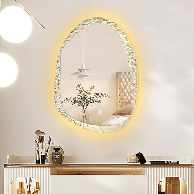 Irregular Bathroom Mirror with LED Light, Lighted Bathroom Makeup Wall Mounted Mirror with Demister Pad, 3 Colors Dimmable Lighting, Sensor Touch Switch(A,60x80cm)