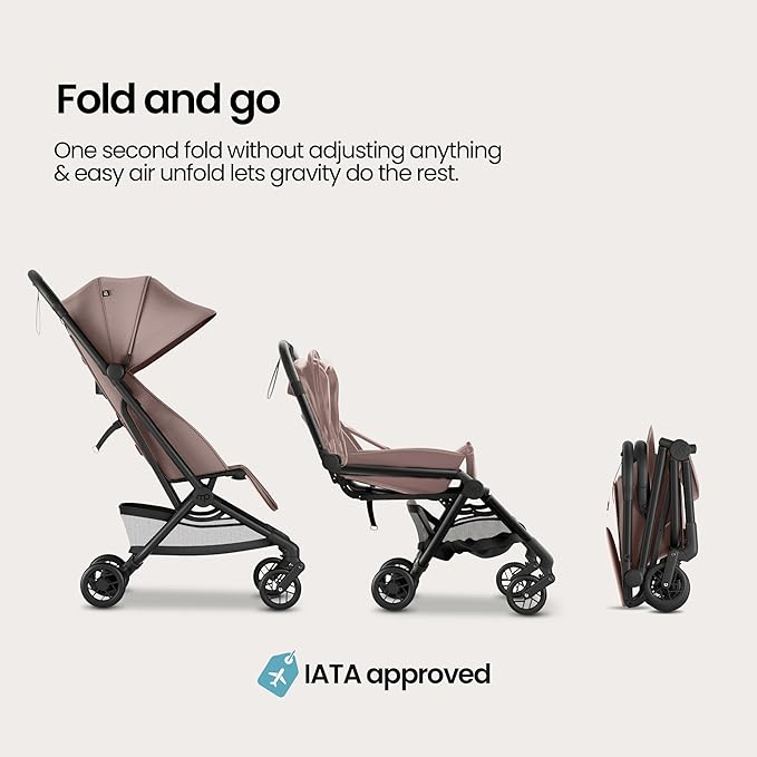 Mompush Velo Lightweight Travel Stroller – One-Hand Fold, Ultra-Compact & Airplane Friendly, Lie-Flat Recline Seat (from Birth to 50 lbs), Includes Cup Holder, Shoulder Strap, and Leather Bumper Bar