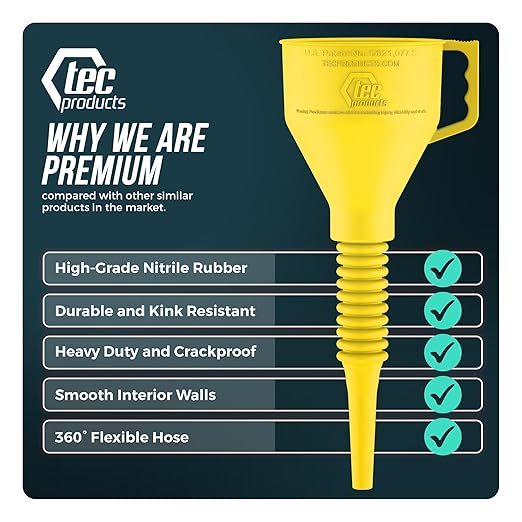 TEC Products FlexAll Long Flexible Funnels - Automotive Oil Funnel with Hose, Durable Nitrile Rubber for Oil Change, Transmission Funnel Fluid, Diesel, Fuel, Gas - Made in USA - Yellow (16 x 5 Inches)