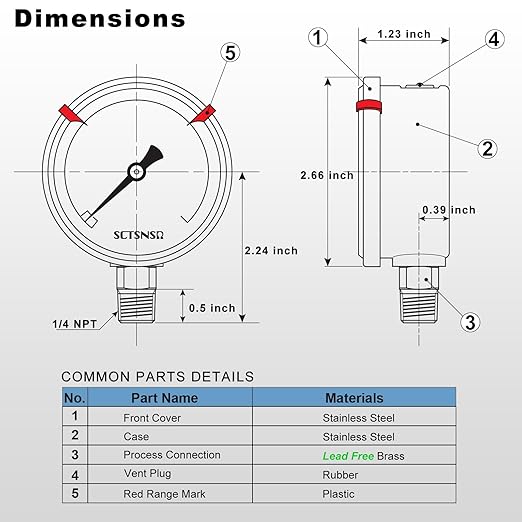 0 to 160 Psi Lead-Free Pressure Gauge, Glycerin Liquid Filled, 2.5 inch Dial, 1/4" NPT Lower Mount, Stainless Steel Case, for Regulator, Potable Water Pump, RV Hose, Well, Air, Pressure Test
