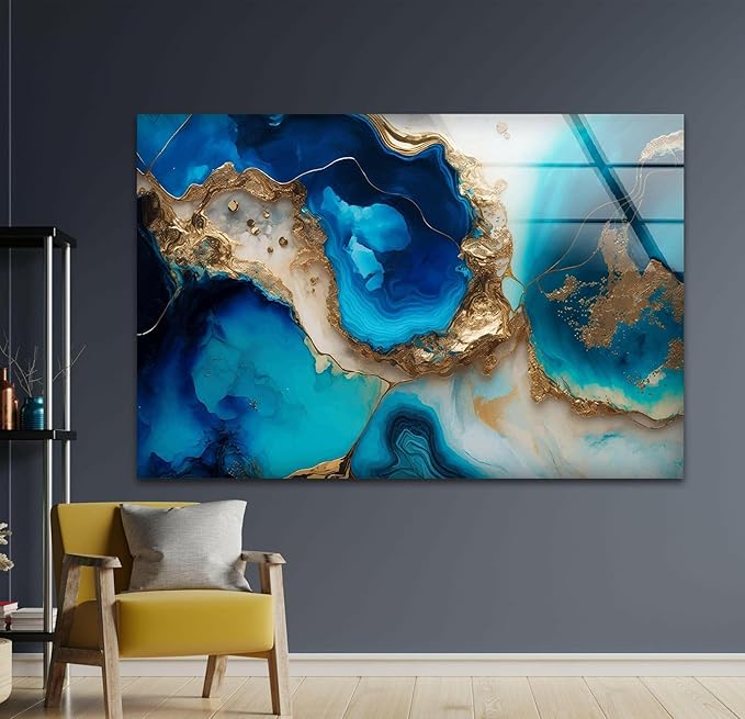 My Photostation.com 60WX40H'' Blue Alcohol ink Glass Wall ArtTempered Glass Printing Wall Decor Large Wall Art Wall Hangings