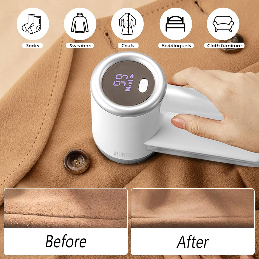 iRUNTEK Rechargeable Fabric Shaver, Electric Commercial Lint Remover with LED Display & Big Trash Box, 3-Speeds for Removing Fuzz and Pill from Clothes, Furniture, Sweater, Couch and Blanket, Silver