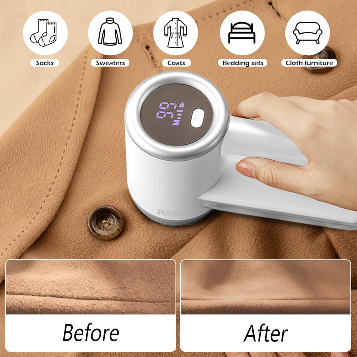 iRUNTEK Rechargeable Fabric Shaver, Electric Commercial Lint Remover with LED Display & Big Trash Box, 3-Speeds for Removing Fuzz and Pill from Clothes, Furniture, Sweater, Couch and Blanket, Silver