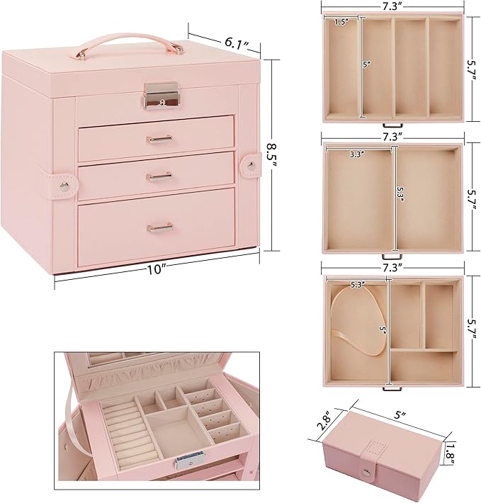 AKOZLIN 4-Tier Jewelry Box Lockable Leather Jewelry Storage Case Organizer with 3 Drawers for Women Girls Ring Necklace Earring Bracelet Watches Holder with Mirror Pink
