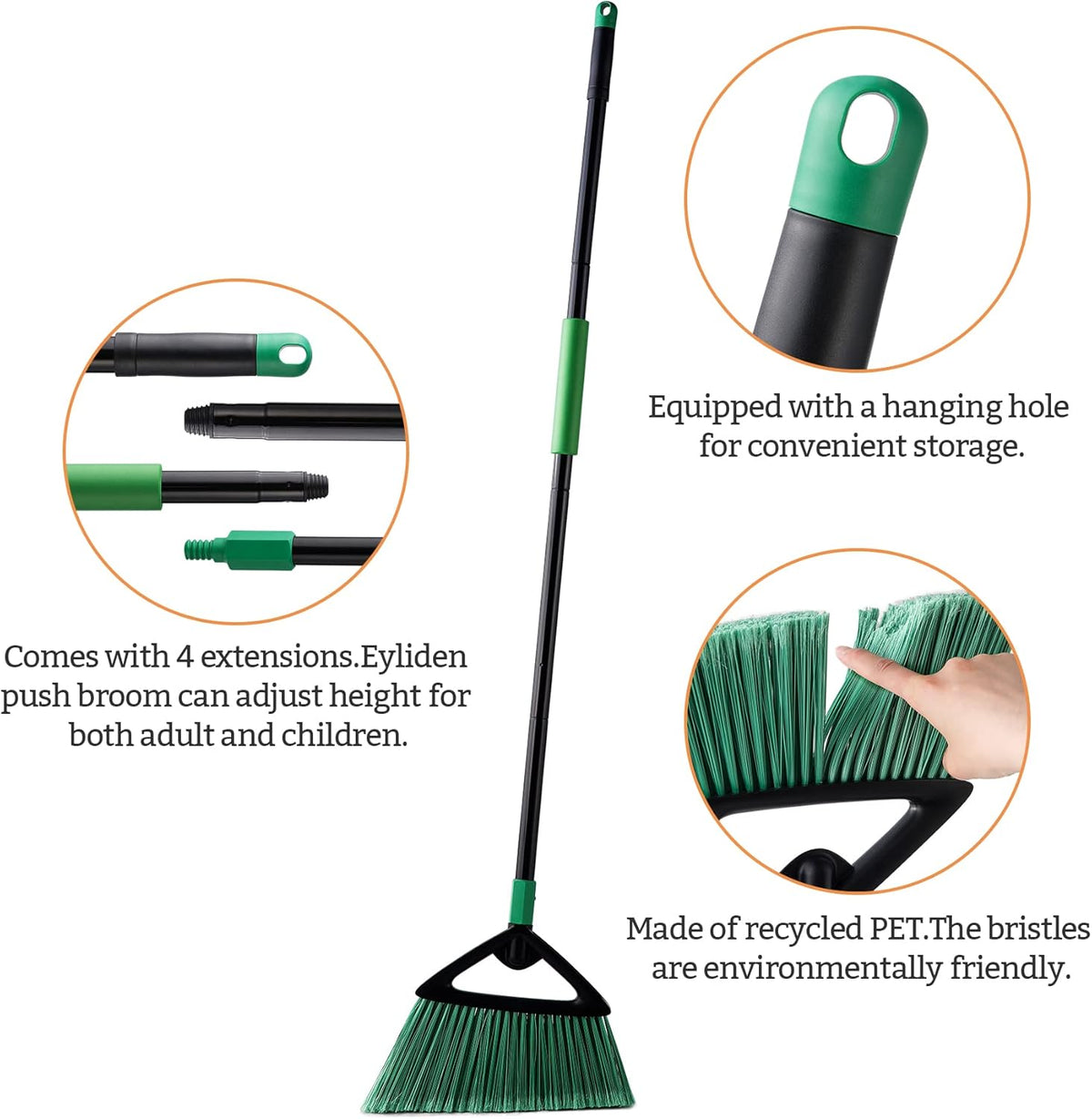 Eyliden Broom, Angle Broom with 57" Long Handle | Fit Heavy-Duty Cleaning, Also Works Well Fine Dust | Commercial Outdoor Indoor Sweeper for Courtyard Sidewalk Deck Kitchen Lobby Garage, Green