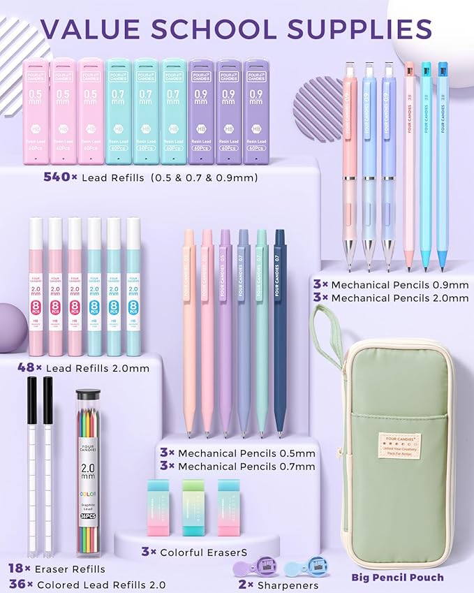Four Candies 36PCS Aesthetic School Supplies, Mechanical Pencil Set 0.5mm, 0.7mm, 0.9mm & 2.0mm with 624 Lead Refills, Back to School Supplies for Writing & Drawing, Ideal Stationary Set Gift (Green)
