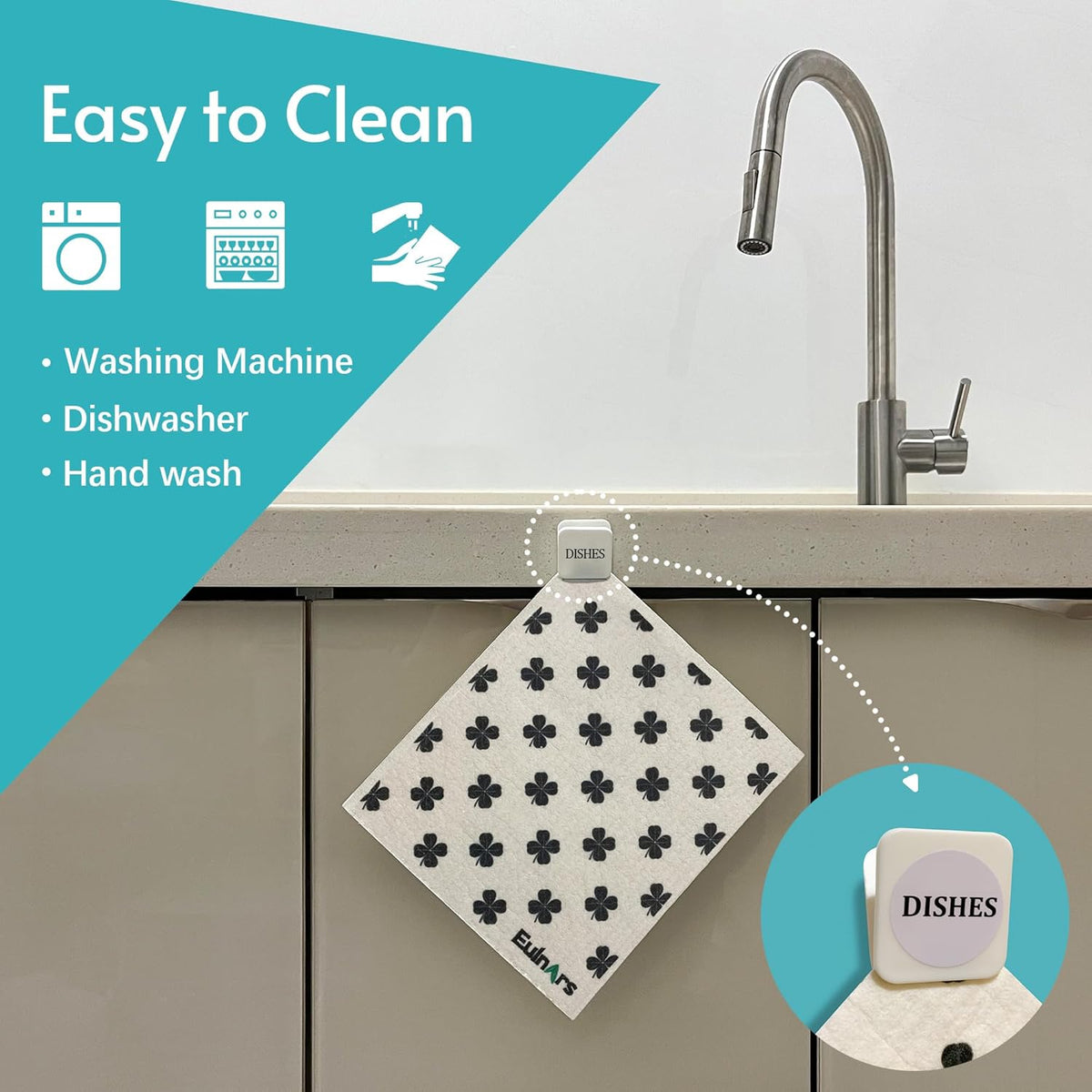 Reusable Paper Towels, 8-Pack Swedish Dishcloths for Kitchen with 3 Clips, Black White, Cotton, 200 Washes