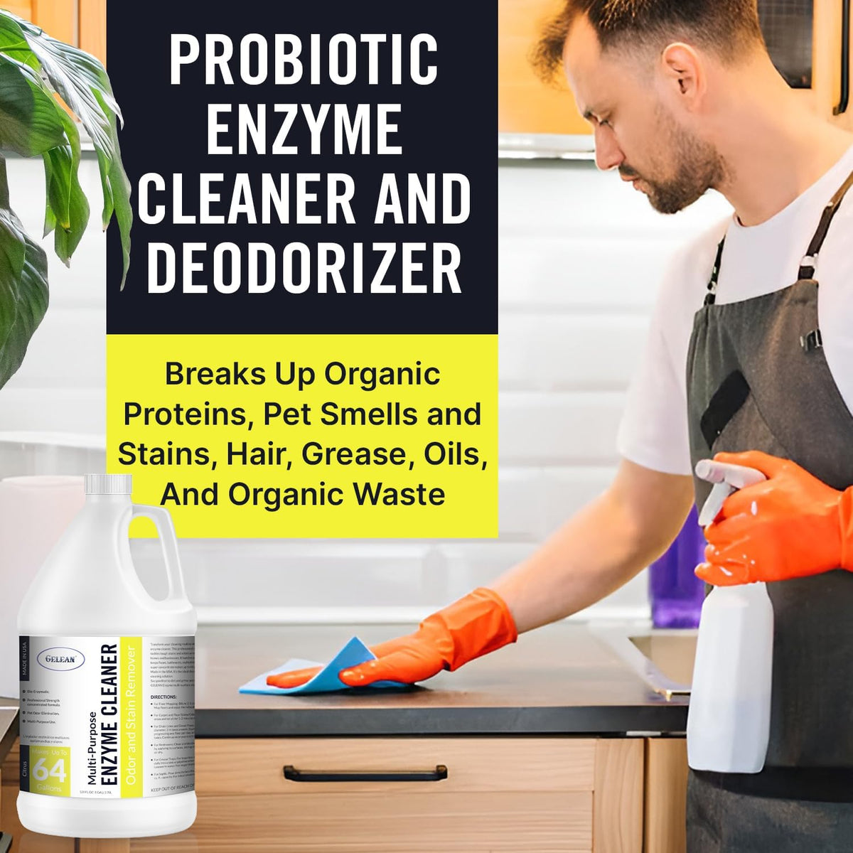 Multi-Purpose Probiotic Enzyme Cleaner, Made in USA - Pet Stain and Odor Remover - Concentrated - Professional & Home Strength Drains, Floors, Bathrooms, Toilets Trash Can, (1 gallon, Citrus)