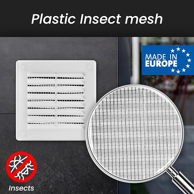 Repa Market 4 x 4 Inch (Outer) White Square Air Vent Cover - Plastic Fresh Air Intake Vent - AC Cover with Nylon Mesh Screen, Wall, Ceiling HVAC Return Air Register, Modern Soffit Vents