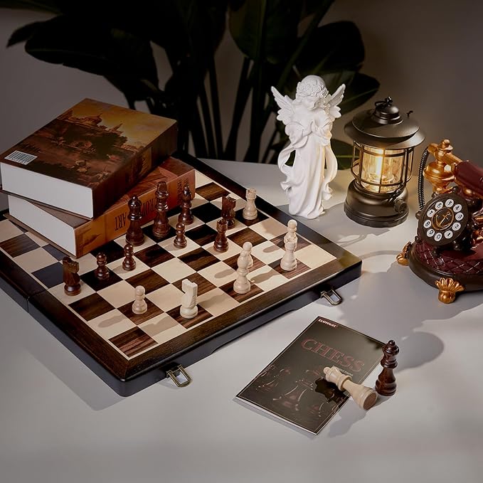 Magnetic Wooden Chess Set for Adults Kids,15" Folding Chess Board with Wood Texture 2 Extra Queens - Handmade Pieces Travel Board Games for Professional Beginner