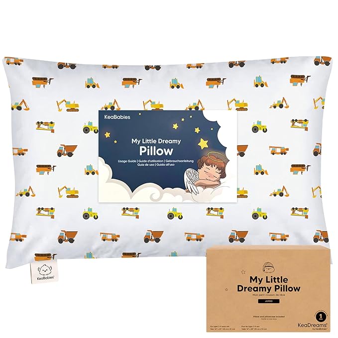 KeaBabies Toddler Pillow with Pillowcase, Jumbo 14X20 - Soft Organic Cotton Toddler Pillows for Sleeping - Machine Washable - Perfect for Travel, Toddler Bed Set (Construction)