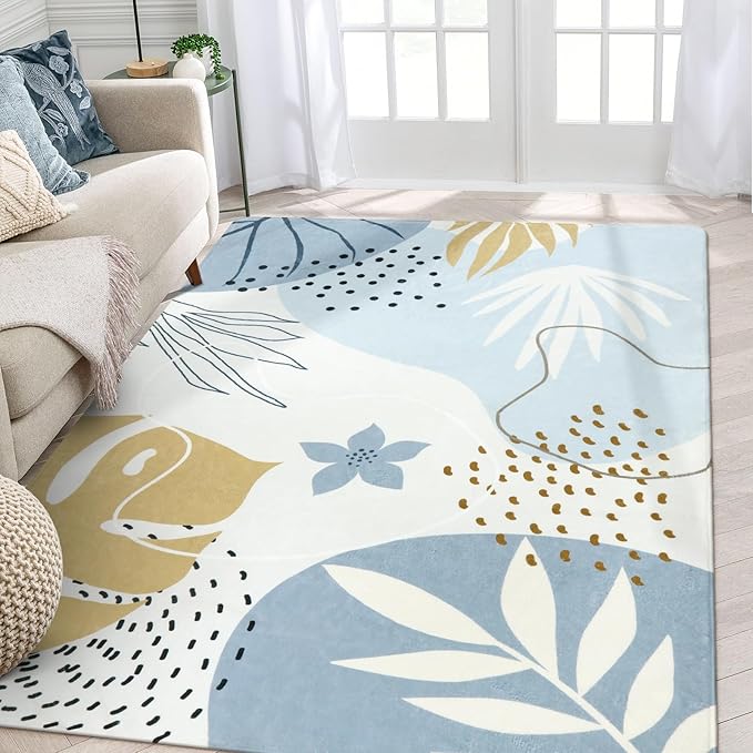 Lahome Boho Blue Living Room Carpet - Washable Area Rugs 4x6 Non-Slip Ultra-Thin Soft Bedroom Rugs Nursery Kids Room, Botanical Print Indoor Modern Floral Carpet Rug for Classroom Laundry Room Office