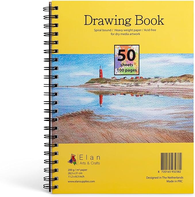 Elan A4 Drawing Book, 50 Sheets Italian Paper 90 lb/200 GSM, Acid-Free Sketch Book 11.7x8.3 Inch, White Drawing Paper Pad, A4 Sketchbook Spiral Bound